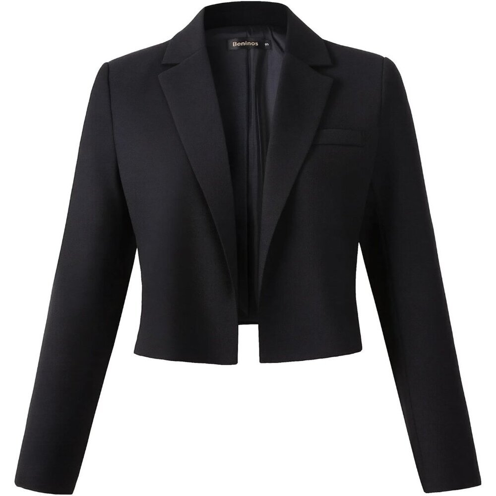 Women's Long Sleeves Open Front Cropped Blazer Jacket Black Front Pocket